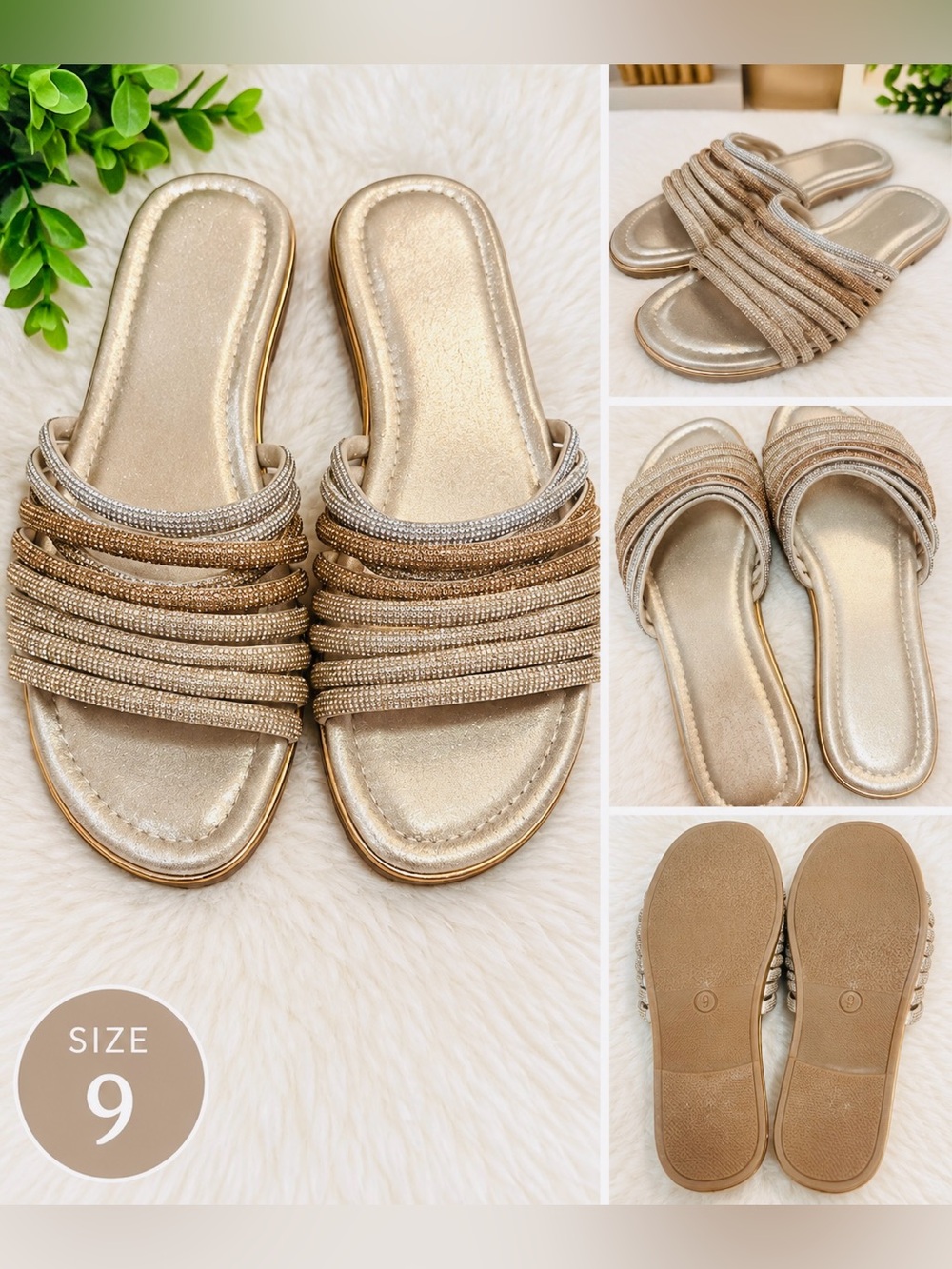 Mix No. 6 Rhinestone Metallic Slide Sandals Gold Size 9